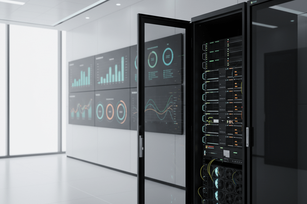 Modern data center control room with cloud resource dashboards and optimized infrastructure Medium shot of a clean, well-lit data center control room showing abstract cloud metrics dashboards and an open server rack with efficient hardware layout