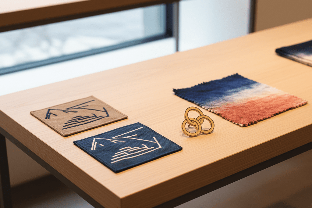 Medium shot of abstract music-themed patches, pins, and fabric swatches on a showroom table under natural and warm ambient light