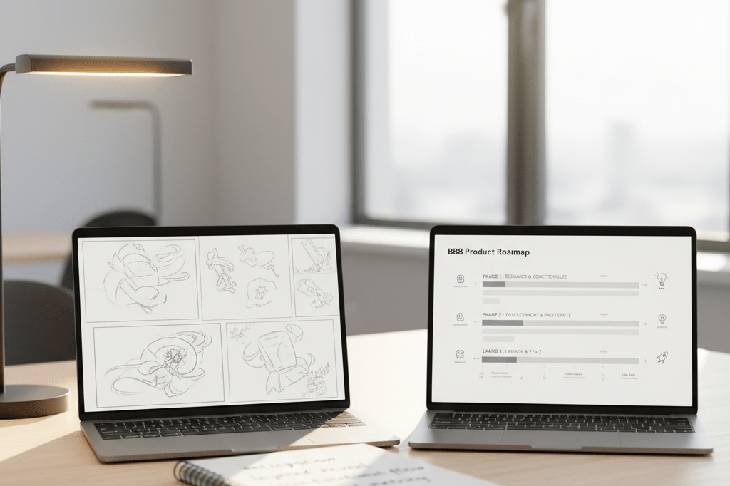 Medium shot of two laptops displaying storyboards and a product roadmap on a sunlit wooden desk in a professional creative workspace