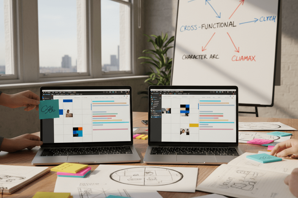 Medium shot of a sunlit creative workspace with laptops, sticky notes, sketchbooks, and whiteboard showing narrative frameworks for product storytelling