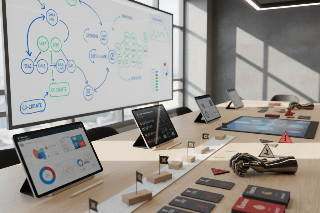 Medium shot of a sunlit office desk with collaborative tools and strategic planning items arranged in balanced, complementary zones