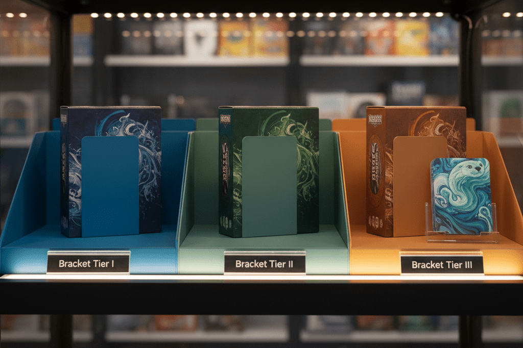 Medium shot of a gaming store display showing tiered Magic: The Gathering Commander decks and abstract otter-themed accessory under natural ambient lighting
