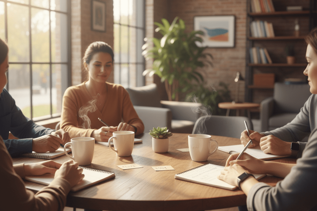 Medium shot of diverse, softly blurred people gathered around a wooden table in a sunlit community space, symbolizing ethical customer engagement and neighborhood-based commerce