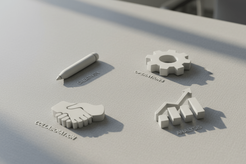 Medium shot of four minimalist 3D skill icons—stylus, gear, graph, handshake—arranged on a desk under natural light, symbolizing balanced team delegation