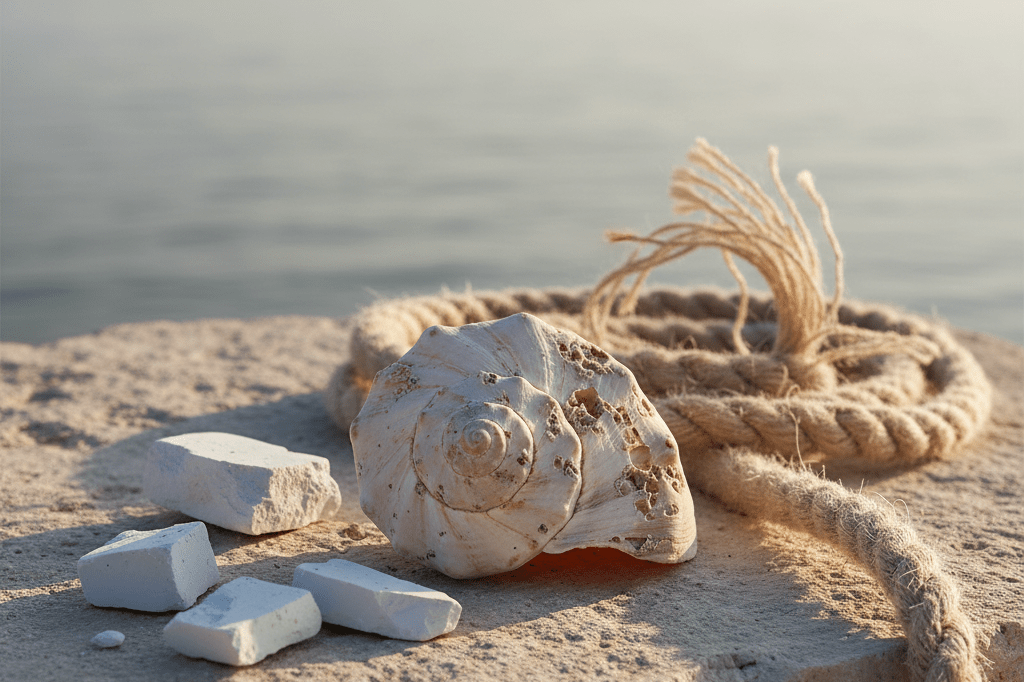 Medium shot of a bleached conch shell and broken chalk on sunlit limestone, evoking collapse of democratic structure and lost consensus