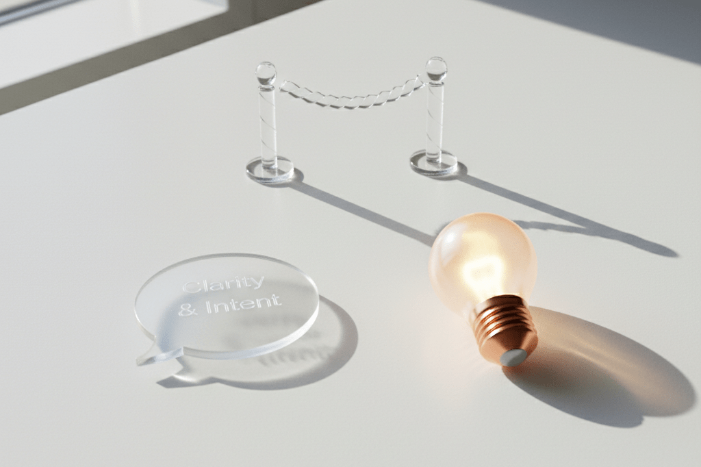 Medium shot of three minimalist symbolic objects—boundary marker, speech bubble, lightbulb—arranged in a triangle on white surface, symbolizing clarity, transparency, and intellectual engagement in marketing