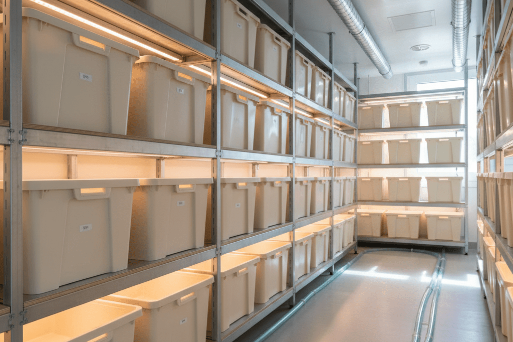 Medium shot of a clean, high-precision indoor storage space with LED grow lights and visible water recirculation tubing