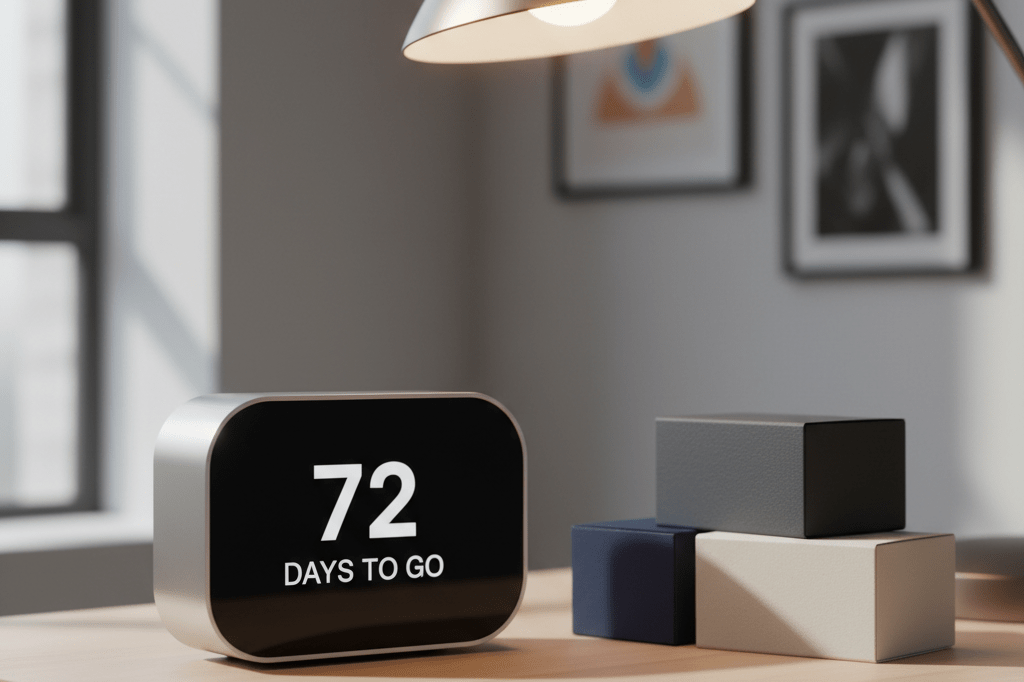 Medium shot of a digital countdown timer and unlabeled merchandise boxes on a desk lit by natural and warm ambient light