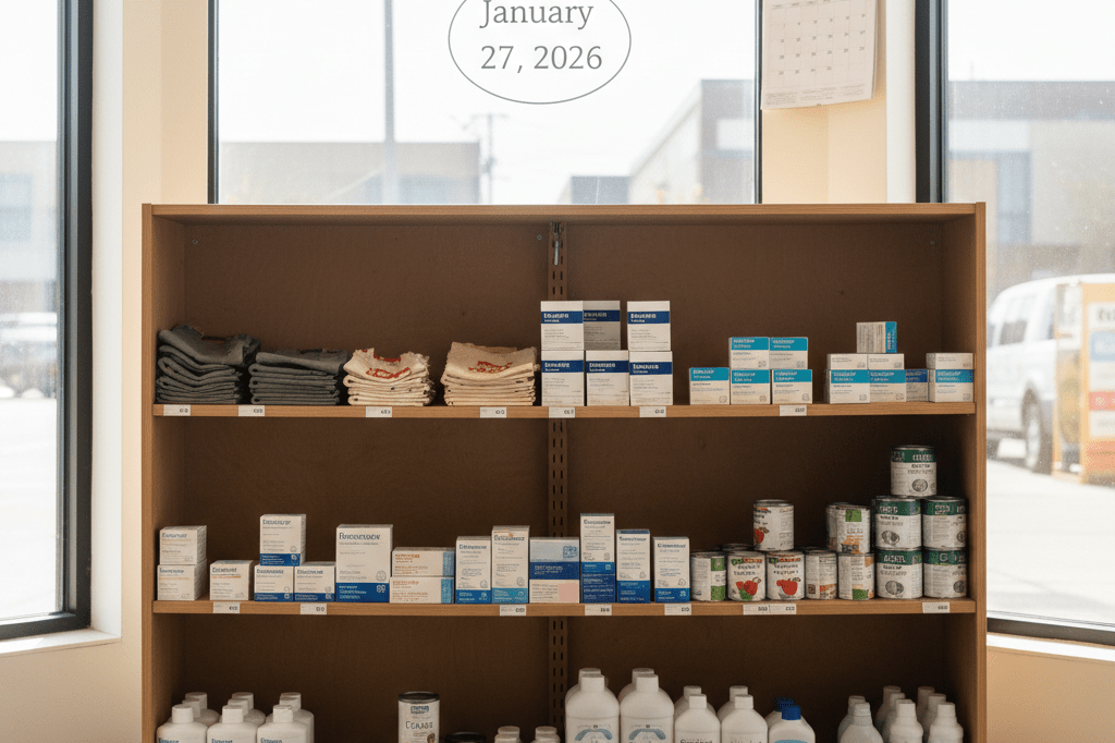 Medium shot of everyday grocery and pharmacy items on a wooden shelf in a bright Canadian retail store, aligned with January 27, 2026 CPP payment date