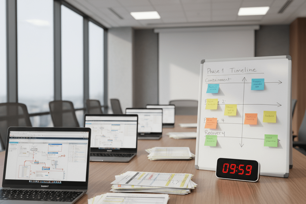 Medium shot of a corporate tabletop crisis simulation with laptops, checklists, timeline board, and countdown timer under natural and ambient lighting