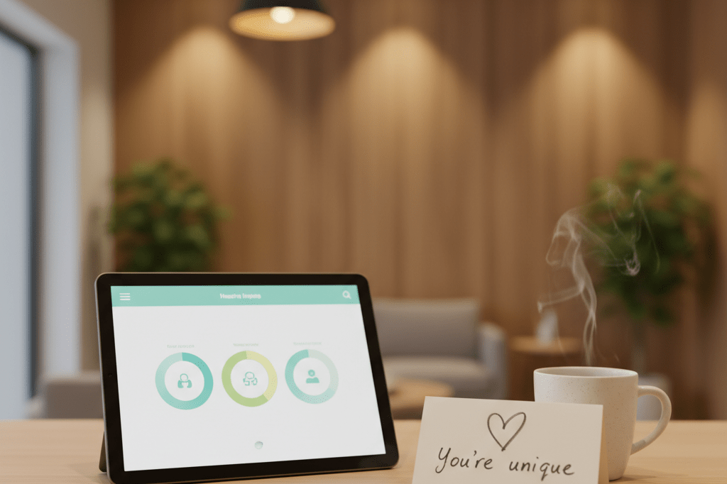 Medium close-up of a minimalist desk with tablet, handwritten note, and mug in warm, naturally lit wellness setting