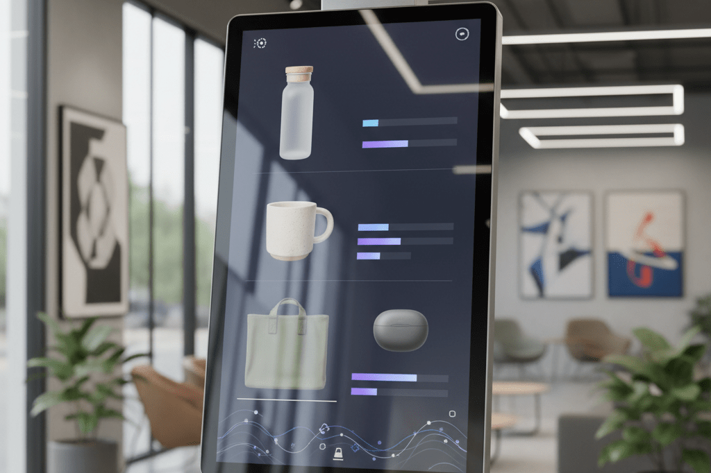 Medium shot of a sleek vertical touchscreen displaying four stylized product thumbnails with animated vote bars under natural and ambient lighting