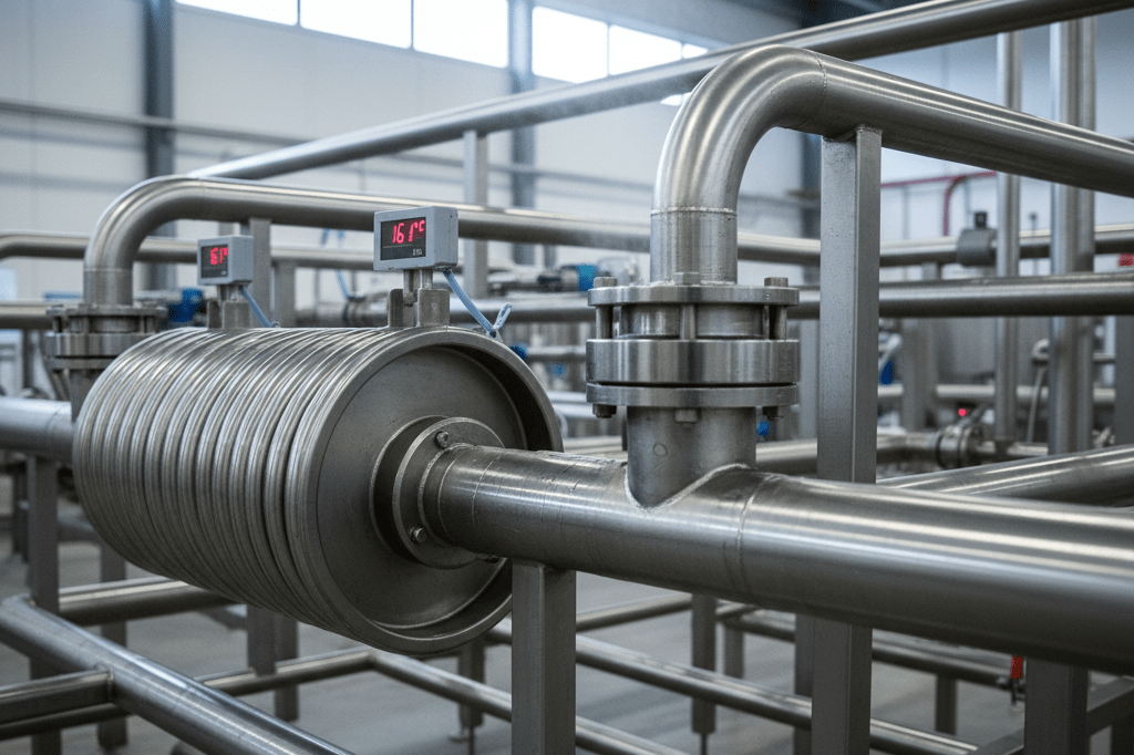 Medium shot of industrial dairy pasteurization pipes with digital temperature readouts and condensation, lit by natural and overhead light