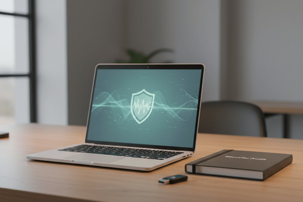 Medium shot of a laptop showing abstract encryption graphics beside a security key and audit notebook on a well-lit desk