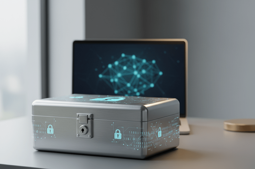 Medium shot of a locked stainless-steel data vault on a modern desk with soft ambient lighting and abstract digital security elements in background