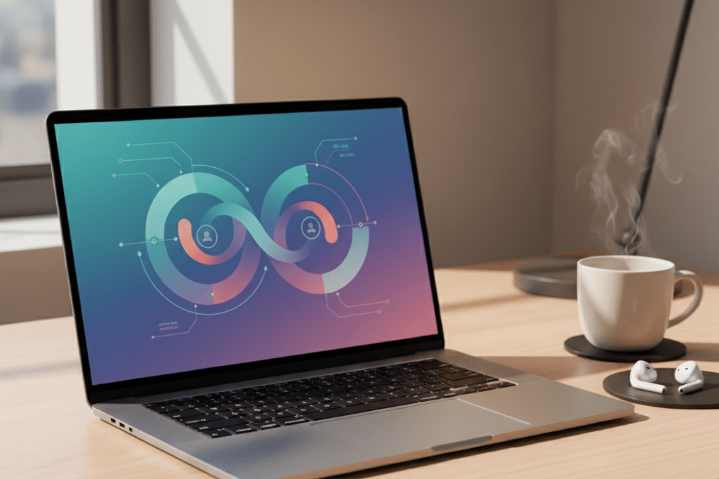 Medium shot of a laptop showing colorful abstract data graphics on a sunlit desk with earbuds and mug, no text or branding
