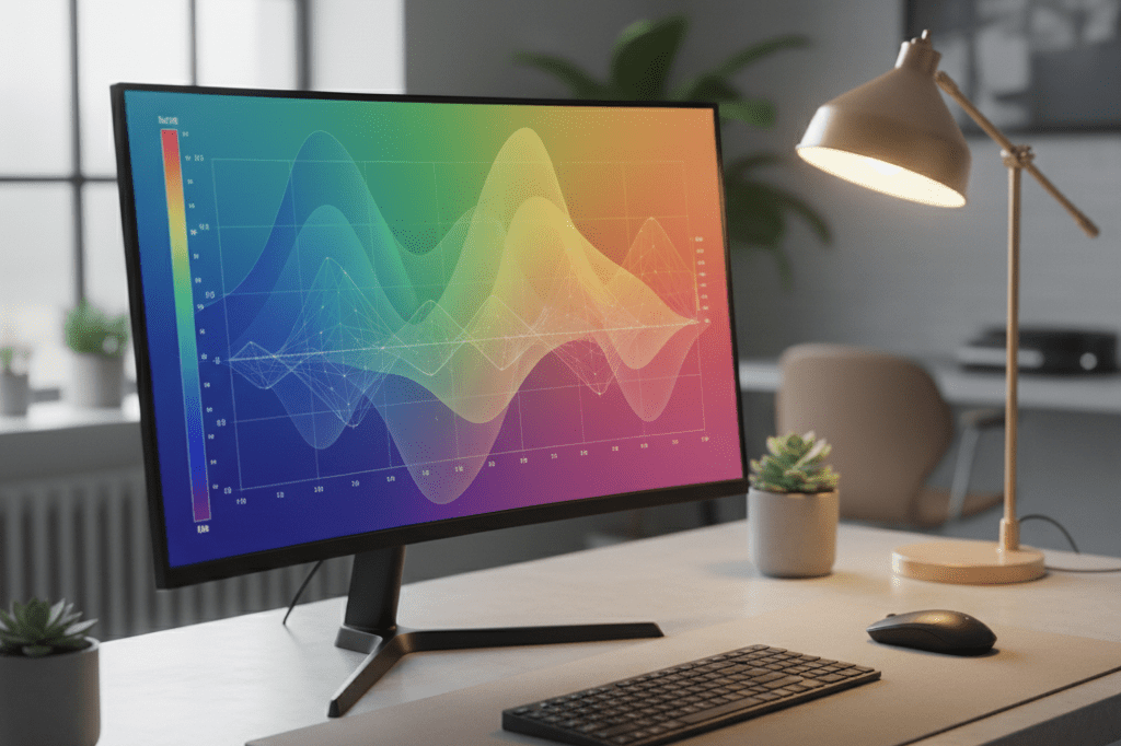Medium shot of a clean desk with monitor showing abstract 3D atmospheric graph under natural and warm ambient light