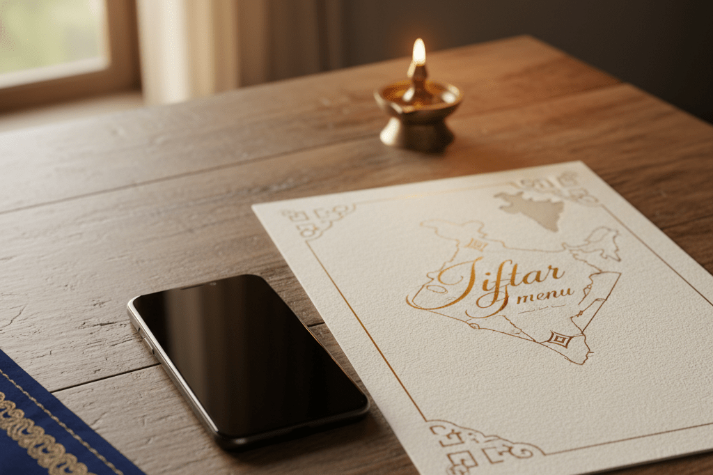 Photorealistic medium shot of smartphone and printed iftar menu on wooden table with soft evening lighting and subtle Indian cultural elements