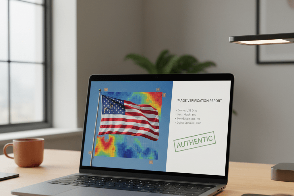 Medium shot of a laptop screen displaying forensic tools analyzing a flag image for AI-generated artifacts and authenticity