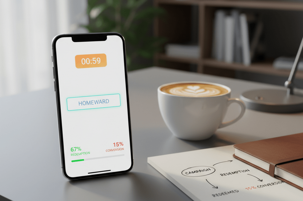 Medium shot of smartphone displaying glowing digital reward code interface with timer and redeem button on minimalist desk