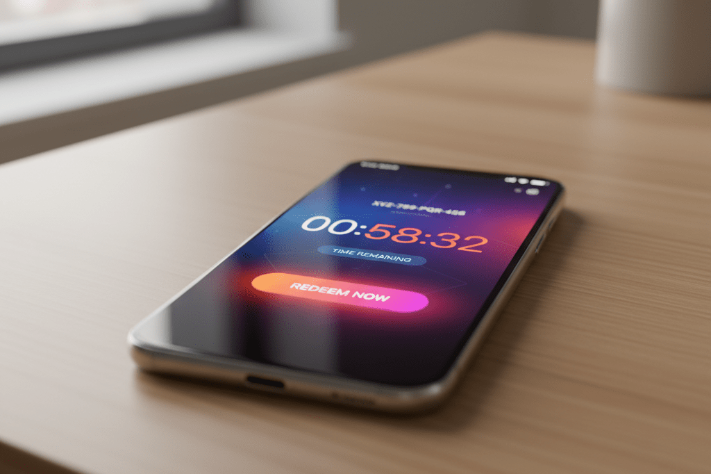 Medium shot of smartphone displaying a clean digital reward code interface with live countdown and call-to-action button under natural ambient light