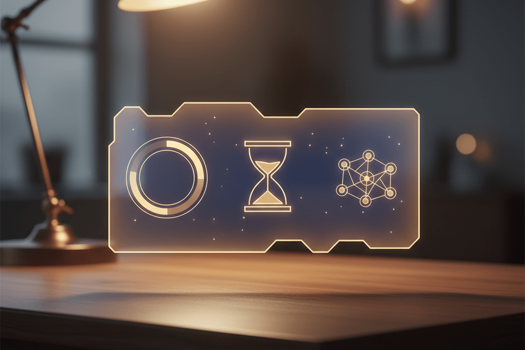 Medium shot of a glowing abstract interface with hourglass, progress circle, and node icons on a dark desk under warm ambient light