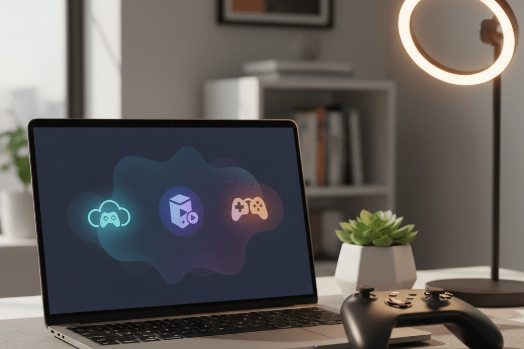 Photorealistic medium shot of a laptop showing abstract gaming icons beside a wireless controller on a sunlit desk