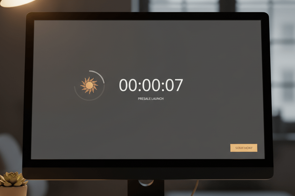 Medium shot of a desktop monitor showing a seven-second digital countdown timer for a music tour presale, lit by warm ambient desk lighting