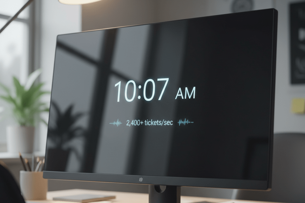 Medium shot of a desktop monitor displaying a clean digital countdown timer at 10:07 AM with real-time transaction metrics and ambient office lighting
