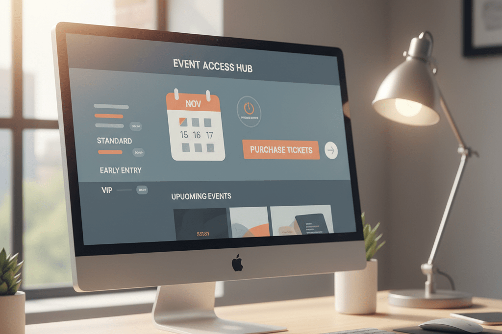 Medium shot of a desktop monitor showing an abstract, branded-agnostic ticketing dashboard with calendar highlights and tiered access labels in a sunlit office setting
