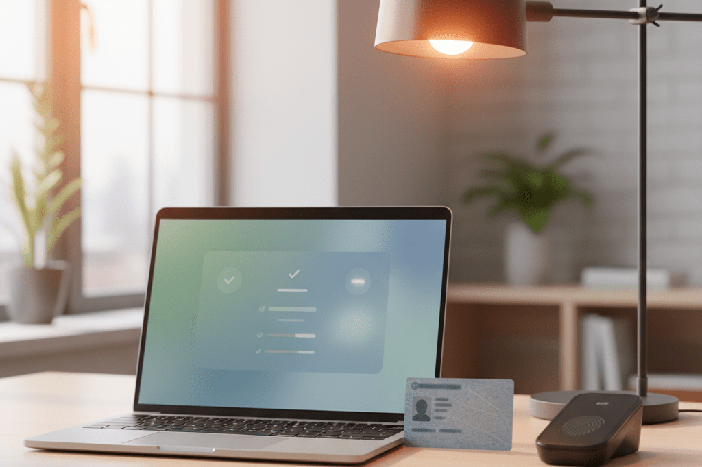 Medium shot of a laptop, generic ID card, and biometric sensor on a well-lit desk, representing secure digital identity verification