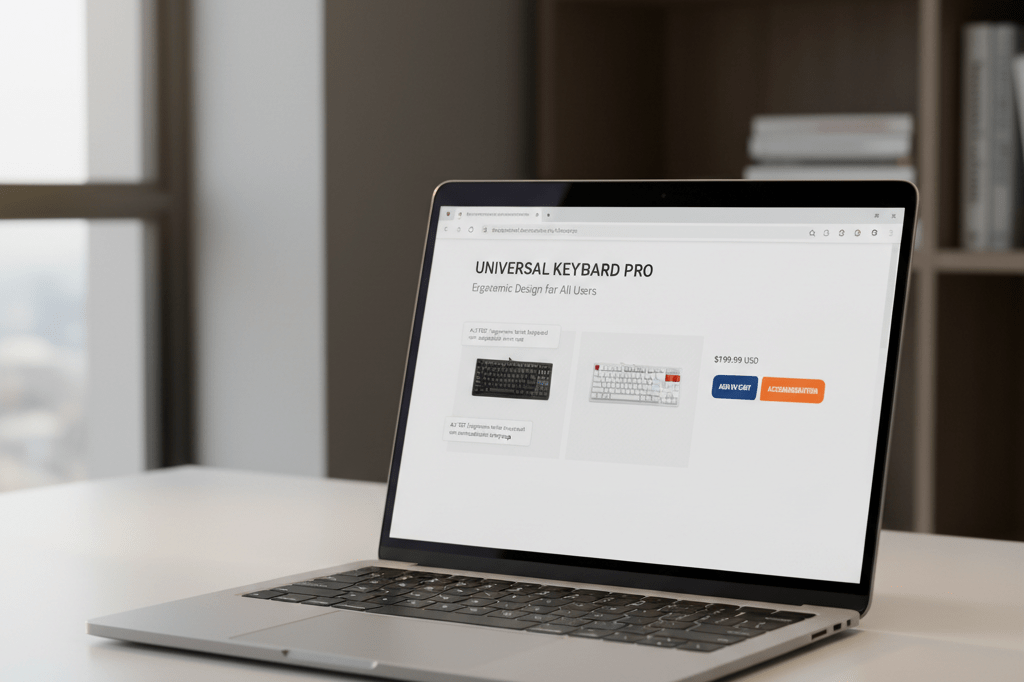 Medium shot of a laptop screen showing an accessible e-commerce product page with clear headings, descriptive image tooltips, and accommodation request option