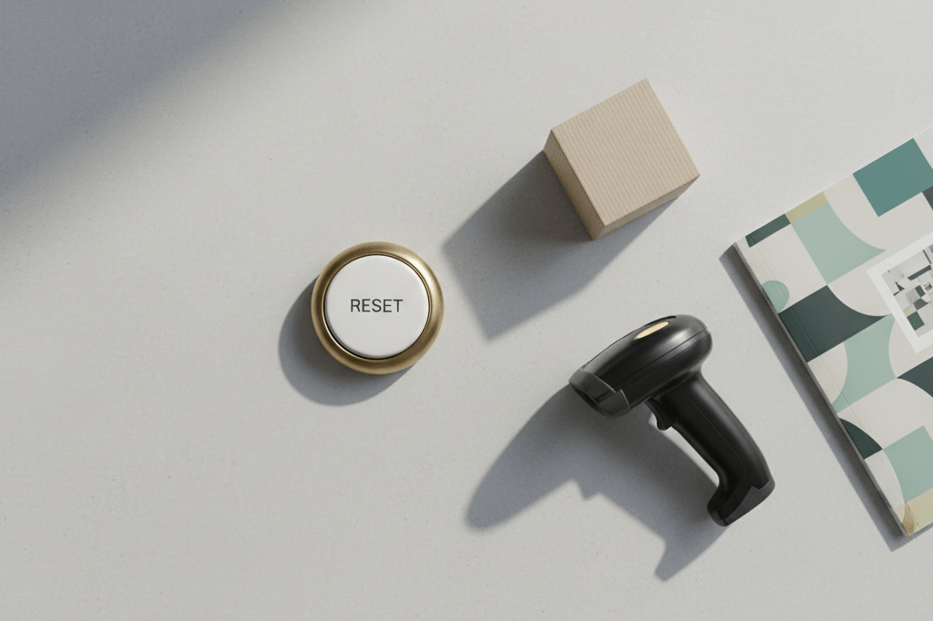 Minimalist medium shot of a white reset button beside e-commerce tools on textured concrete under natural light