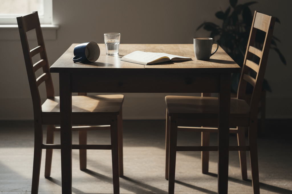 Medium shot of two unoccupied chairs facing each other across a wooden table with mugs and a notebook, lit by soft natural light