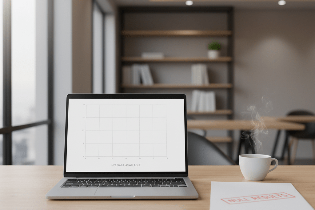 Medium shot of laptop showing blank chart labeled 'NO DATA AVAILABLE' on minimalist desk with coffee cup and muted ambient lighting