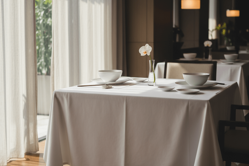 Elegant empty dining table ready for exclusive reservation service Empty fine dining table with white linens and chopsticks under warm ambient light suggesting exclusive access