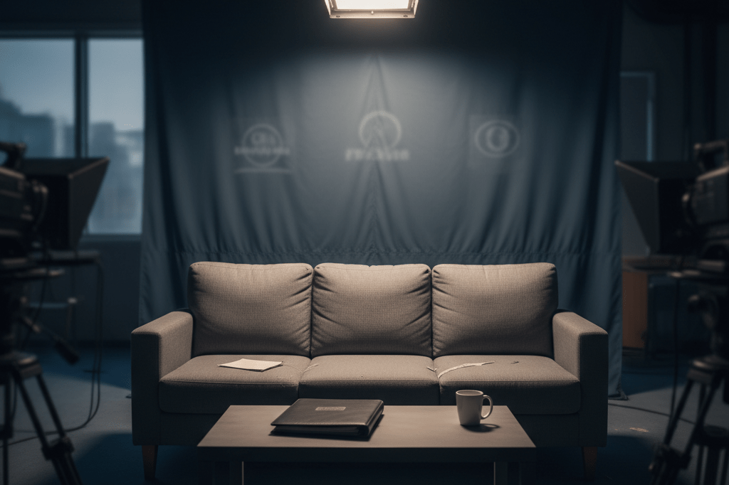 Medium shot of an unoccupied TV studio couch and table under soft ambient lighting, representing declining syndicated television formats