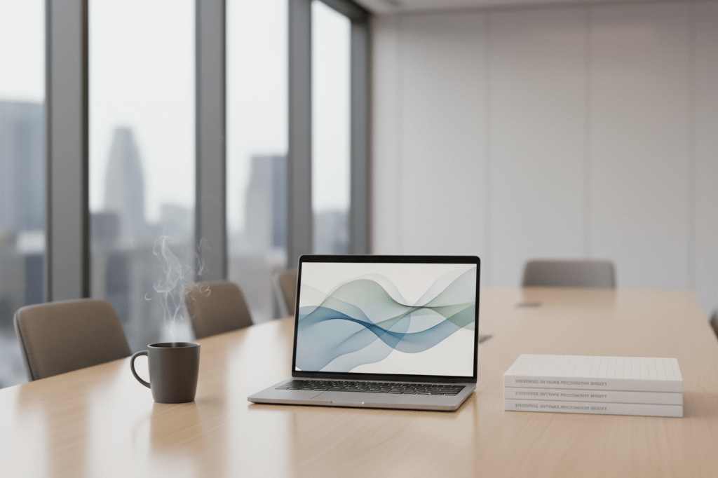 Medium shot of a minimalist conference table with open laptop showing abstract data, stacked reports, and coffee mug under natural office lighting