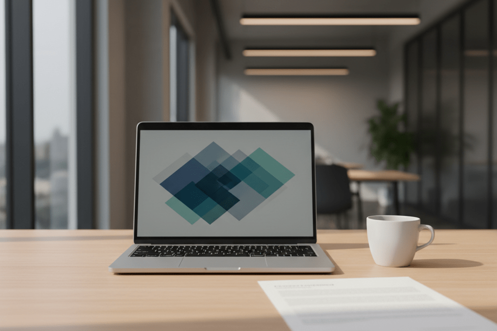 Medium shot of a minimalist office desk with laptop showing abstract data, blurred contract, and coffee cup under natural and ambient light