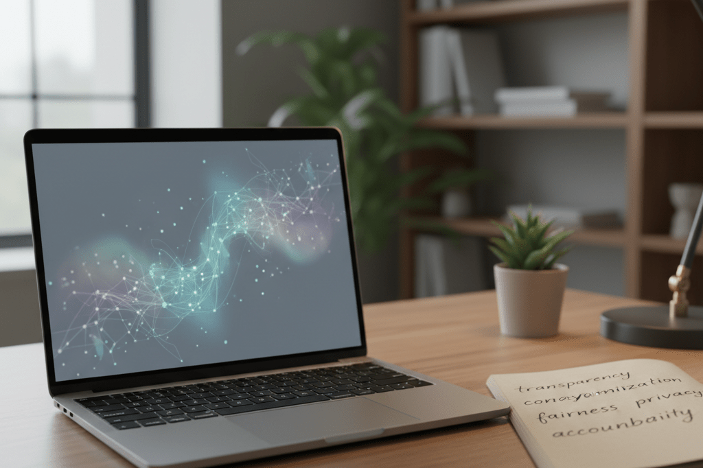 Medium shot of laptop showing anonymized data visuals and notebook with handwritten ethics terms, lit by natural and desk lamp light