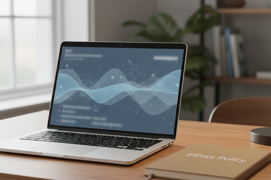 Medium shot of a laptop showing abstract data visuals and a closed ethics policy notebook on a desk lit by natural and warm ambient light