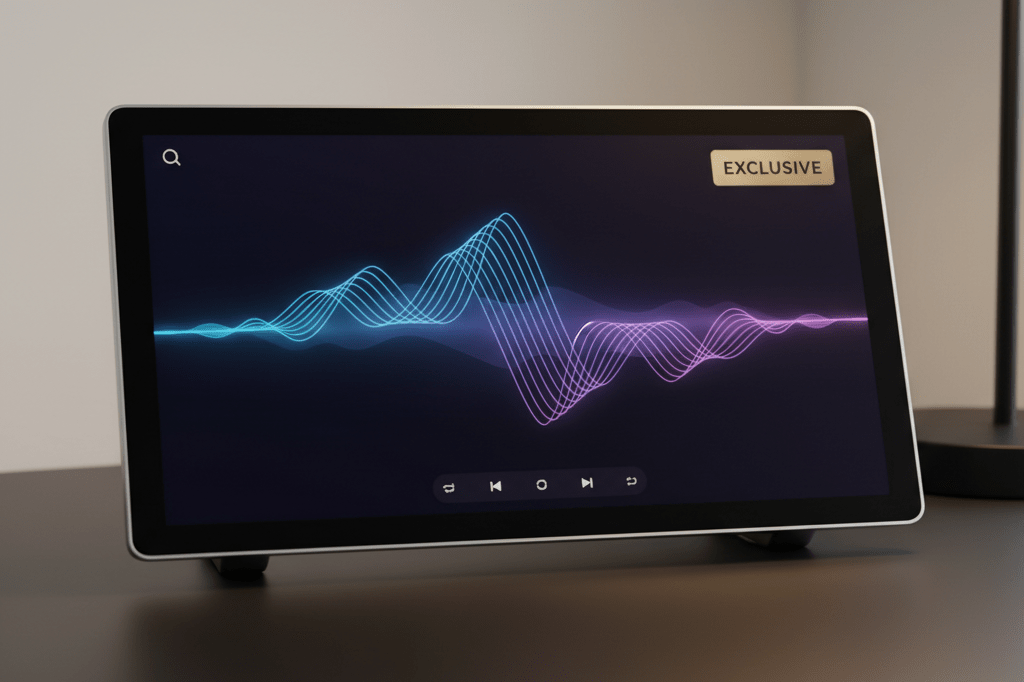 Medium shot of a sleek black desktop with a glowing streaming app interface displaying an exclusive badge and subtle audio waveform