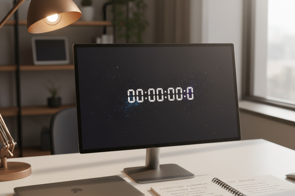 Medium shot of a desktop with a countdown timer on screen and notebook detailing fan expectation alignment strategies