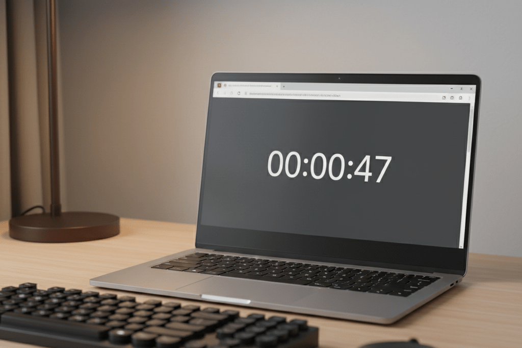 Laptop screen showing a generic digital countdown timer at 47 seconds remaining, in a softly lit home office setting