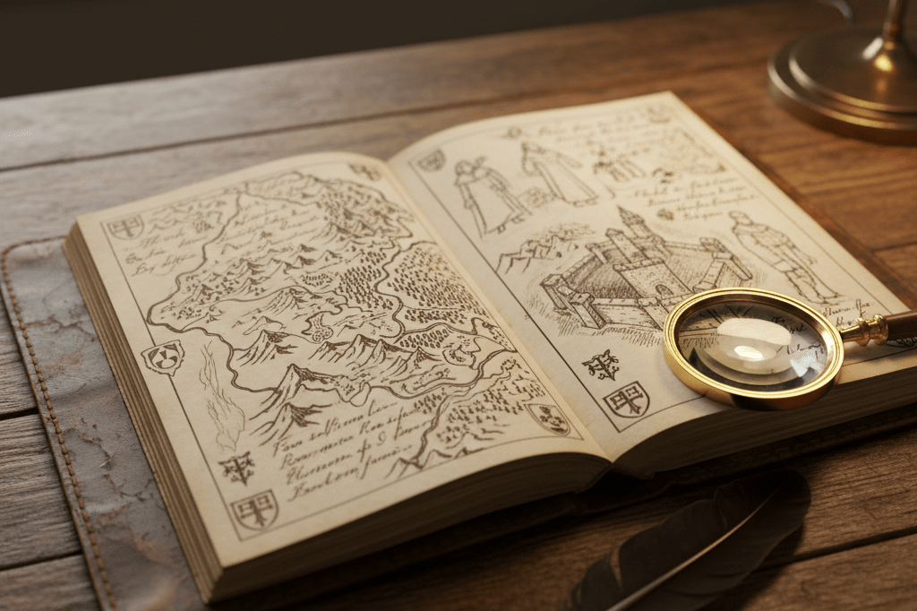 Medium shot of an open leather notebook with hand-drawn fantasy maps and notes under natural and lamplight
