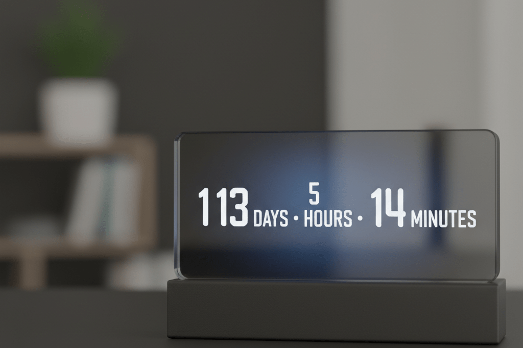 Clean, modern digital countdown timer on black surface displaying 113 days 5 hours 14 minutes remaining before a music festival