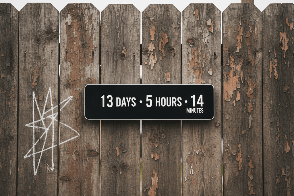 Medium shot of a clean digital countdown display mounted on weathered wood fence under natural overcast light