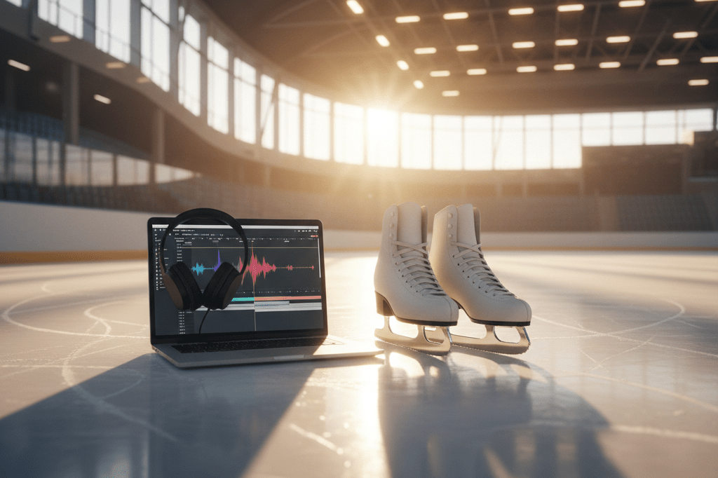Premium figure skates and audio editing laptop with headphones on ice under natural arena lighting