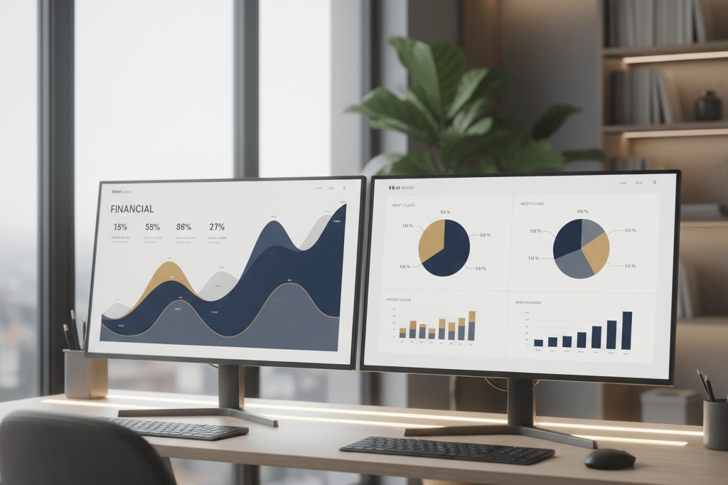 Medium shot of dual monitors displaying abstract financial charts and portfolio data in a sunlit office, no branding or people visible