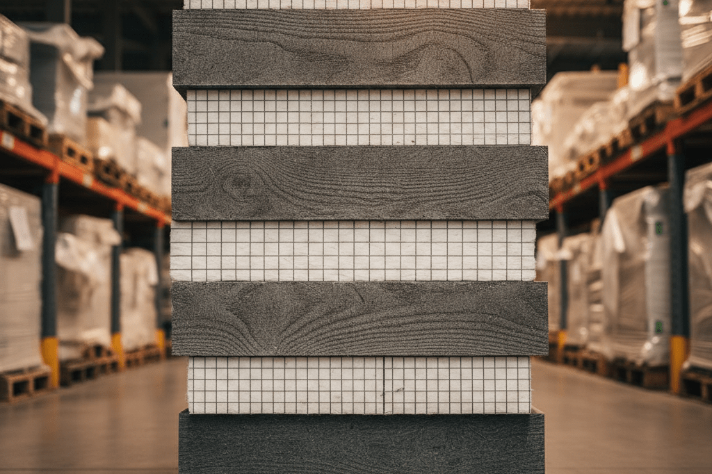 Stack of fire-resistant building materials in warehouse setting Fire-resistant siding and insulation panels stacked on a pallet under warm warehouse lighting